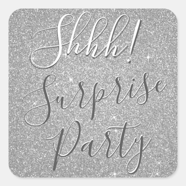 Shhh! Surprise Silver Birthday Party Square Sticker (Front)