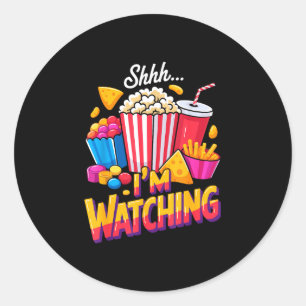 Shhh watching film movie food night snack popcorn classic round sticker