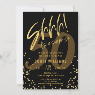 Shhhh! It's a Surprise Gold Black Birthday Party Invitation