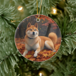 Shib Inu in Autumn Leaves Fall Inspire  Ceramic Ornament