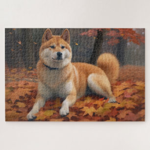 Shib Inu in Autumn Leaves Fall Inspire Jigsaw Puzzle