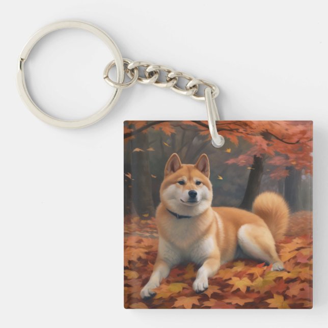 Shib Inu in Autumn Leaves Fall Inspire  Key Ring (Front)