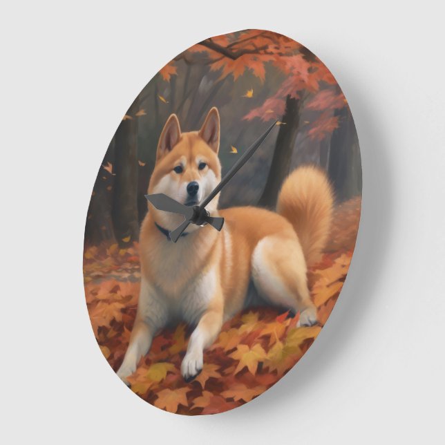 Shib Inu in Autumn Leaves Fall Inspire  Large Clock (Angle)
