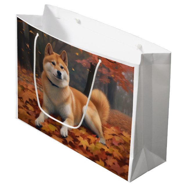 Shib Inu in Autumn Leaves Fall Inspire  Large Gift Bag (Front Angled)