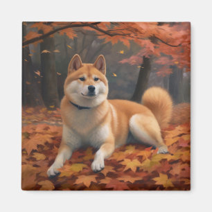 Shib Inu in Autumn Leaves Fall Inspire  Magnet