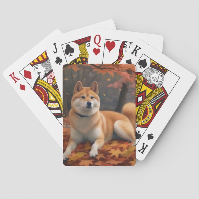 Shib Inu in Autumn Leaves Fall Inspire  Playing Cards (Back)