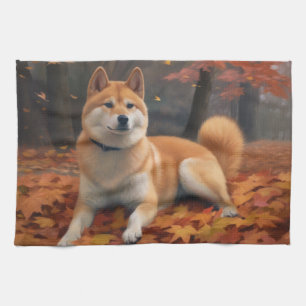 Shib Inu in Autumn Leaves Fall Inspire  Tea Towel