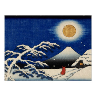 Shiba Inu and Moon over Fuji Ukiyo-e Art Poster