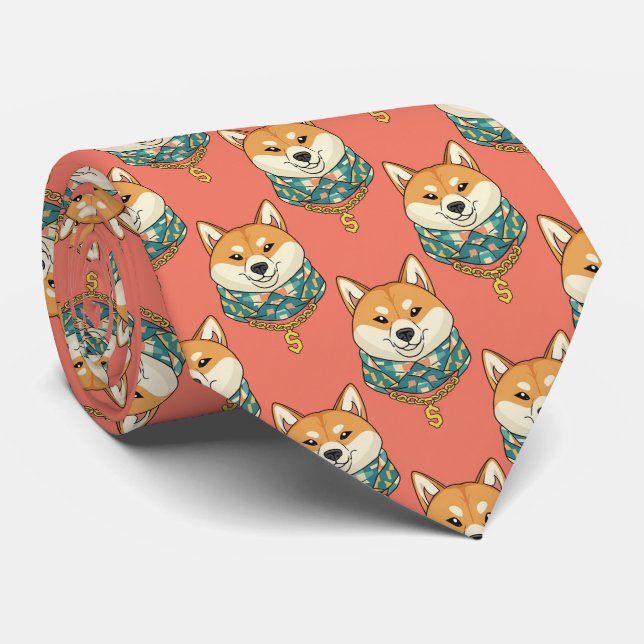 Shiba Inu Art Necktie – Coral Dog Lover Statement (Rolled)