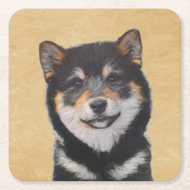 Shiba Inu (Black and Tan) Painting - Dog Art Square Paper Coaster (Front)