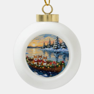 Shiba Inu Christmas Boat Holiday Ceramic Ball Christmas Ornament
