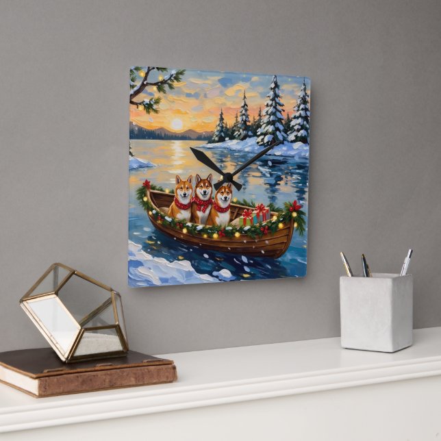 Shiba Inu Christmas Boat Holiday Square Wall Clock (Office)