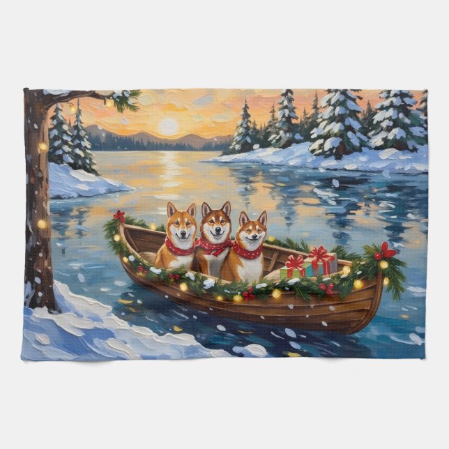 Shiba Inu Christmas Boat Holiday Tea Towel (Horizontal)