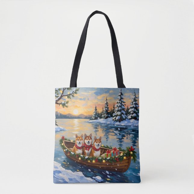 Shiba Inu Christmas Boat Holiday Tote Bag (Front)