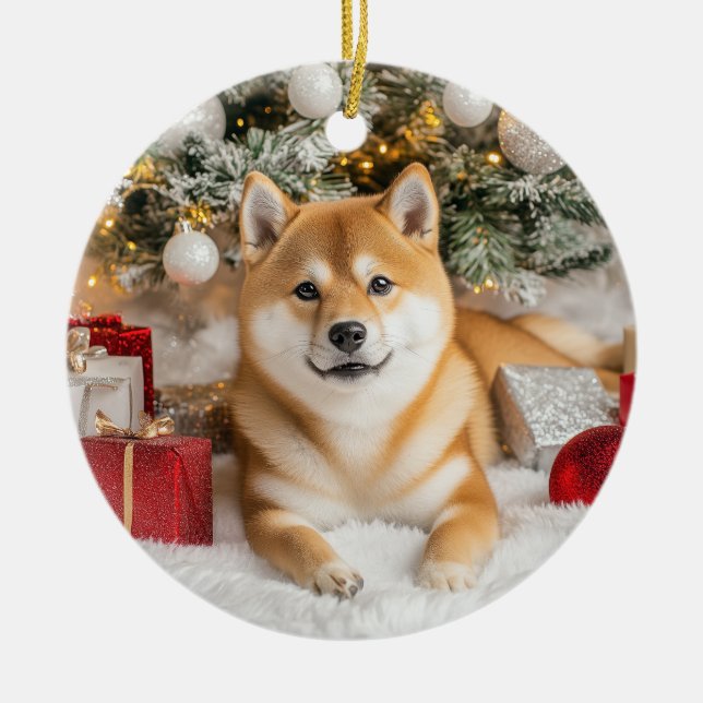 Shiba Inu Christmas Ceramic Ornament (Front)