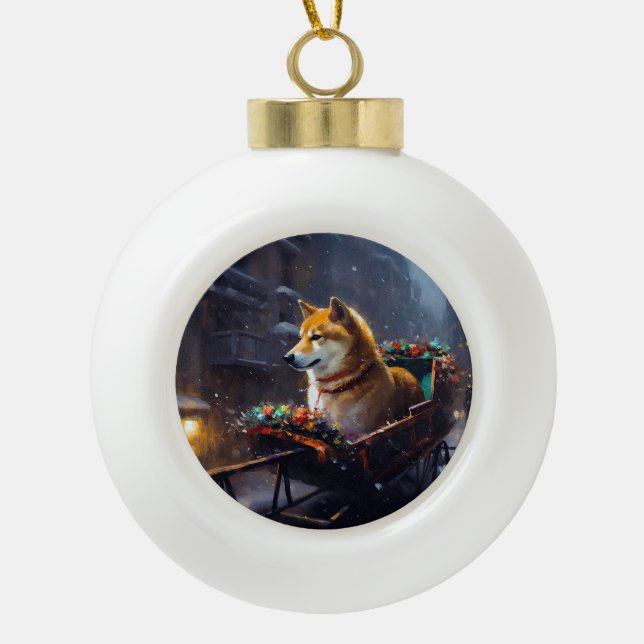 Shiba Inu Christmas Festive Season  Ceramic Ball Christmas Ornament (Front)