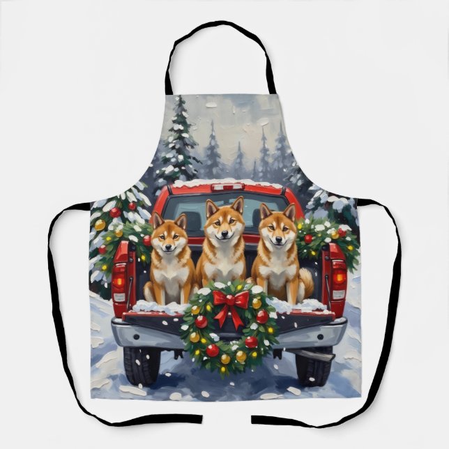 Shiba Inu Christmas Red Truck Holiday Apron (Front)