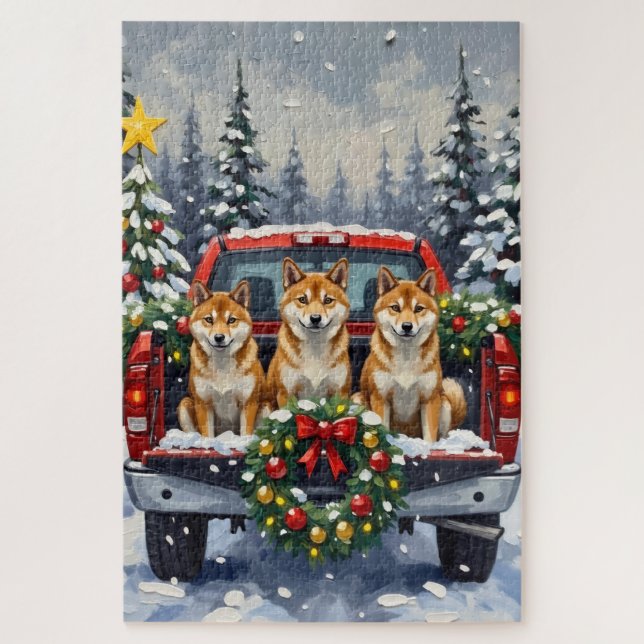 Shiba Inu Christmas Red Truck Holiday Jigsaw Puzzle (Vertical)