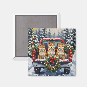 Shiba Inu Christmas Red Truck Holiday Magnet