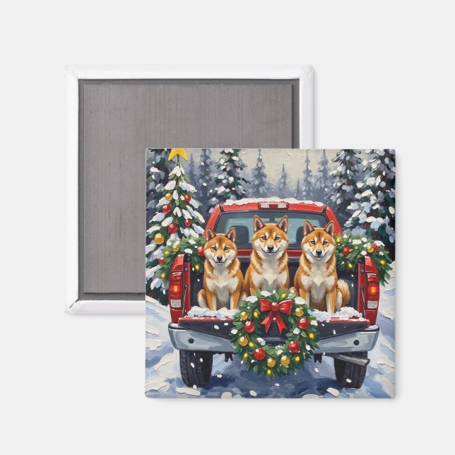 Shiba Inu Christmas Red Truck Holiday Magnet (Front/Back)