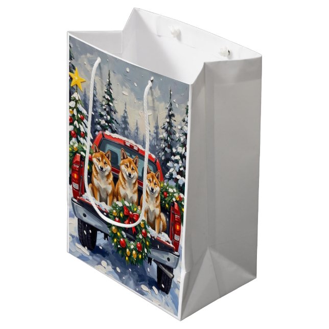 Shiba Inu Christmas Red Truck Holiday Medium Gift Bag (Front Angled)