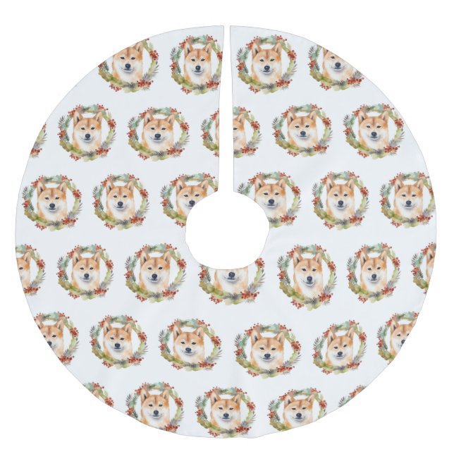 Shiba Inu Christmas Wreath Festive Pup Brushed Polyester Tree Skirt (Front)