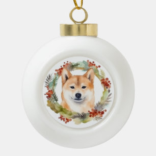 Shiba Inu Christmas Wreath Festive Pup Ceramic Ball Christmas Ornament