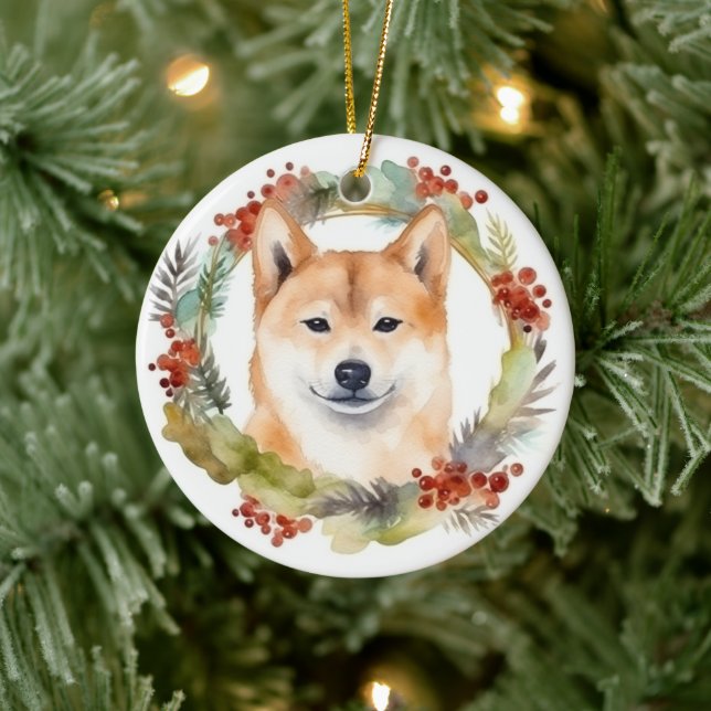 Shiba Inu Christmas Wreath Festive Pup Ceramic Ornament (Tree)