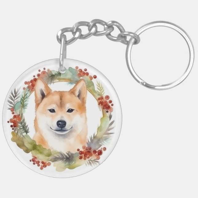 Shiba Inu Christmas Wreath Festive Pup Key Ring (Back Left)