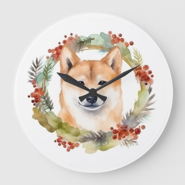 Shiba Inu Christmas Wreath Festive Pup Large Clock (Front)