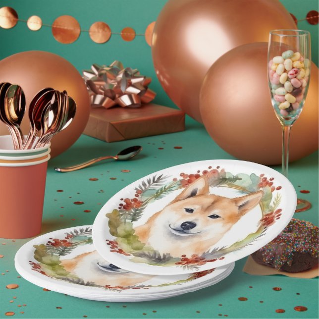 Shiba Inu Christmas Wreath Festive Pup Paper Plate (Multi)