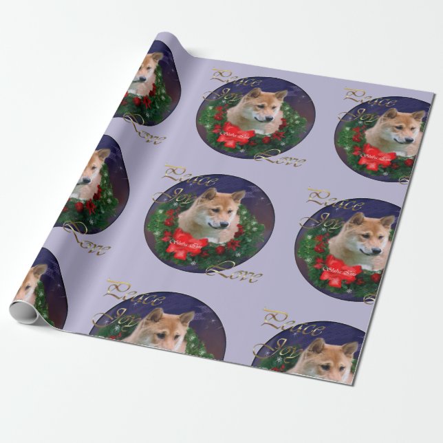 Shiba Inu Christmas Wreath Wrapping Paper (Unrolled)