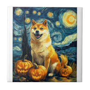 Shiba Inu Cute Dog Halloween Jack O Lantern Pumpki Ceramic Tile