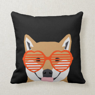 Shiba Inu - Cute heart glasses -black white design Cushion