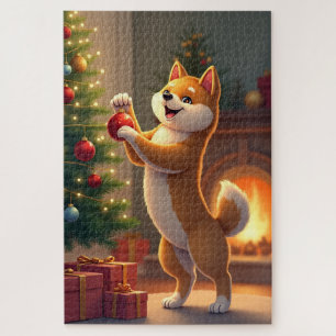 Shiba Inu Decorating the Christmas Tree Painting Jigsaw Puzzle