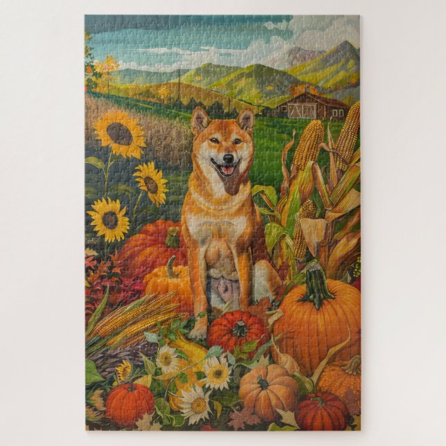Shiba Inu Dog Autumn Harvest Thanksgiving Jigsaw Puzzle (Vertical)