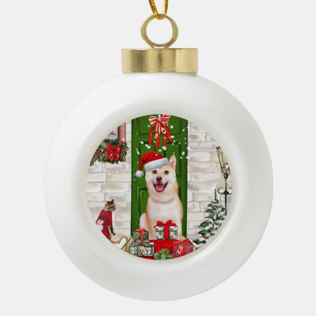 Shiba Inu Dog Christmas Ceramic Ball Christmas Ornament (Front)
