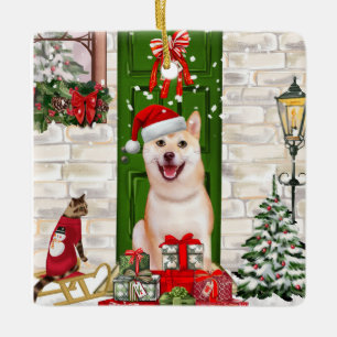 Shiba Inu Dog Christmas Ceramic Ornament