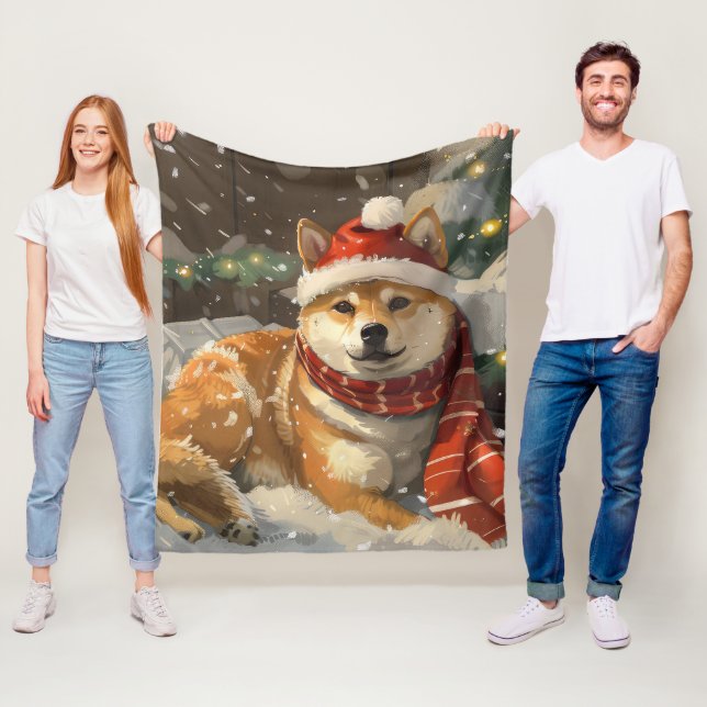 Shiba Inu Dog Christmas Festive Fleece Blanket (In Situ)