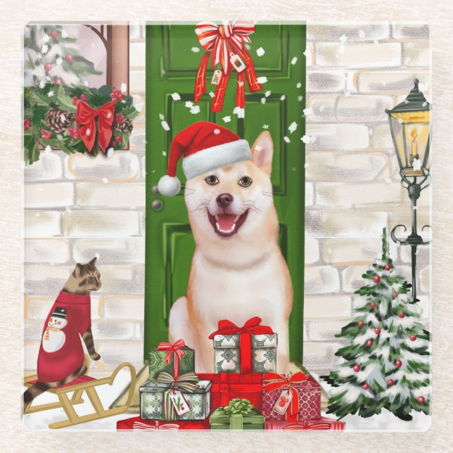 Shiba Inu Dog Christmas  Glass Coaster (Front)