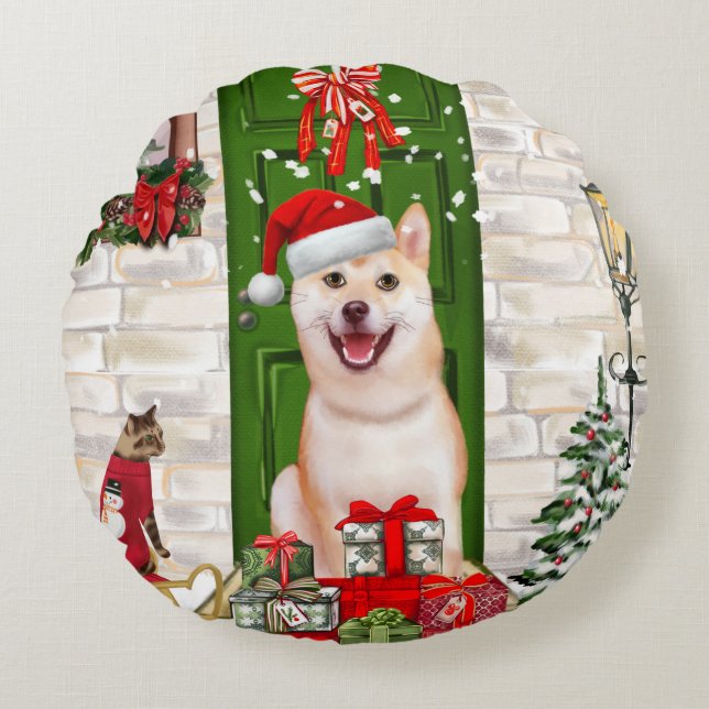 Shiba Inu Dog Christmas  Round Cushion (Front)