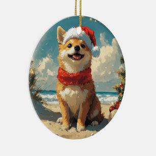 Shiba Inu Dog Christmas Vintage Beach Ceramic Ornament