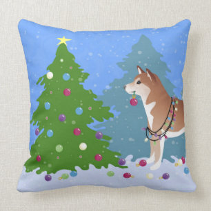 Shiba Inu Dog Decorating Christmas Tree Cushion
