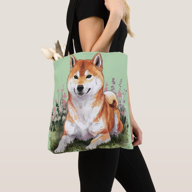 Shiba Inu Dog Green Tote Bag Watercolor Art (Close Up)