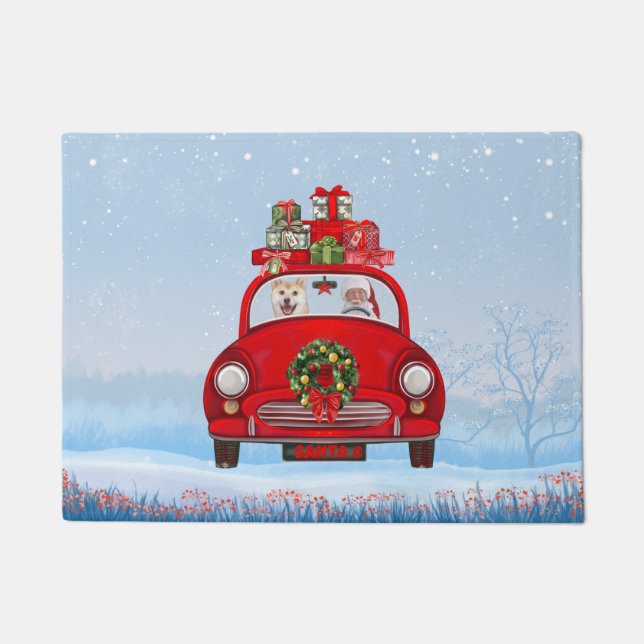 Shiba Inu Dog In Car With Santa Claus Doormat (Front)