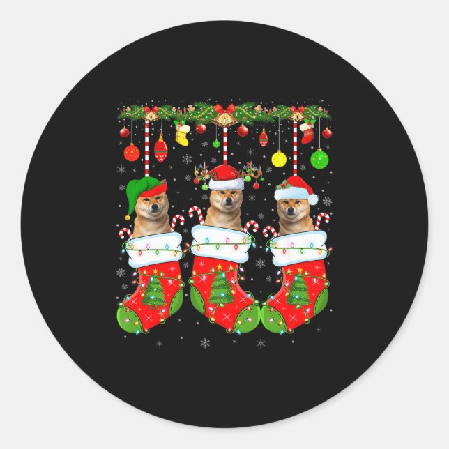 Shiba Inu Dog In Christmas Socks Funny Dog Xmas Pa Classic Round Sticker (Front)