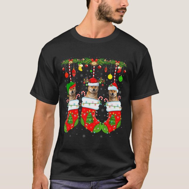 Shiba Inu Dog In Christmas Socks Funny Dog Xmas Pa T-Shirt (Front)