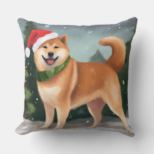Shiba Inu Dog in Snow Christmas Cushion