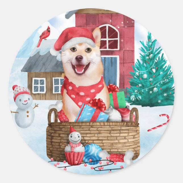 Shiba Inu Dog In snow Christmas Dog House Classic Round Sticker (Front)