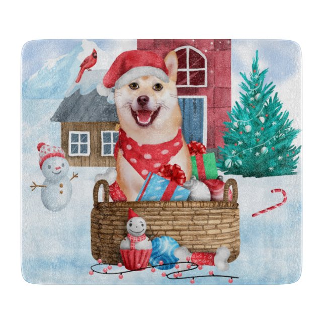 Shiba Inu Dog In snow Christmas Dog House Cutting Board (Front)